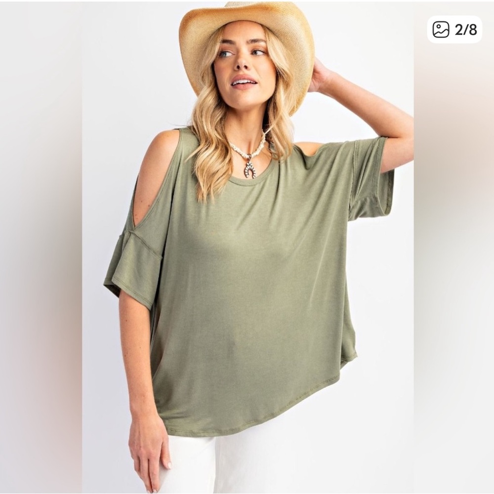 62 Easel Olive Green Relaxed Cold Shoulder Top